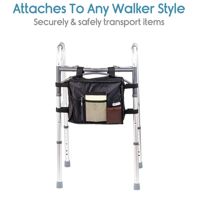 KosmoCare Detachable Walker Bag - Hands Free Storage - Senior Walker Accessory - Fits Most Wide and Narrow Styles - Black