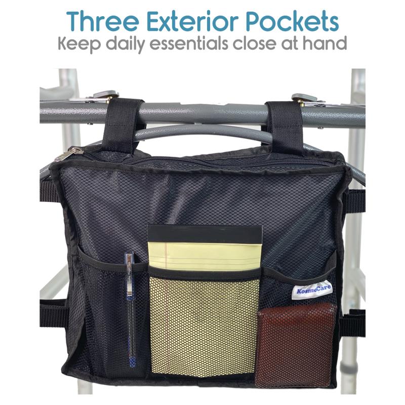 KosmoCare Detachable Walker Bag - Hands Free Storage - Senior Walker Accessory - Fits Most Wide and Narrow Styles - Black
