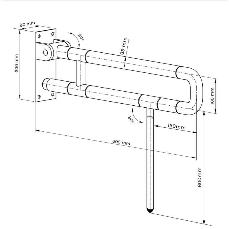 KosmoCare Wall Mounted Flip up Grab Bar Rails with Anti-Slip Nylon Grip & Floor Support