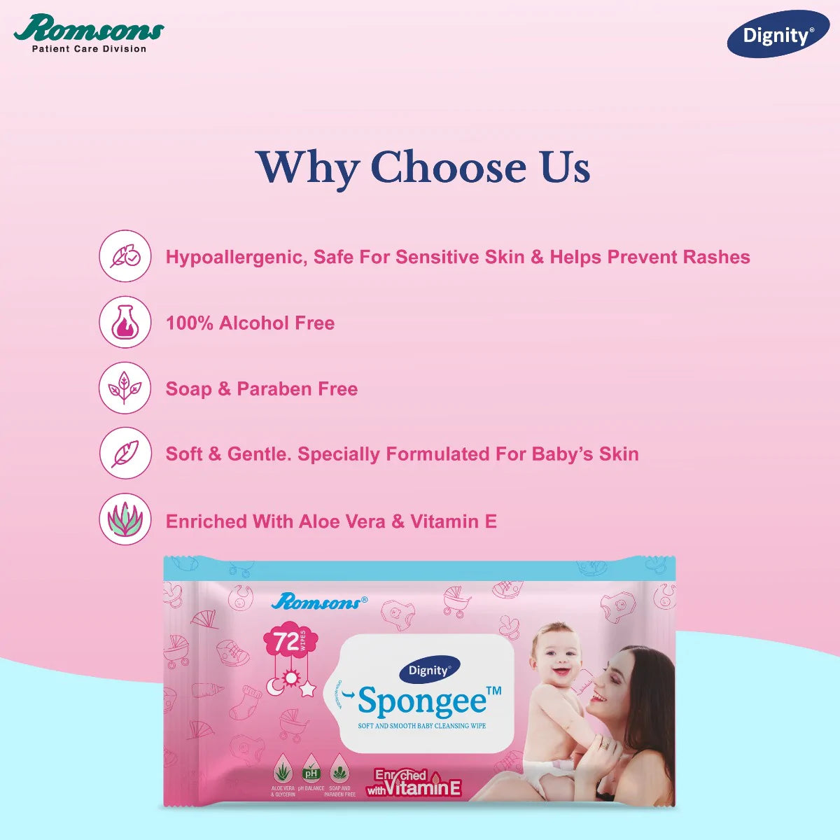 Dignity Spongee Baby Wet Wipes (72 Wipes/Pack)
