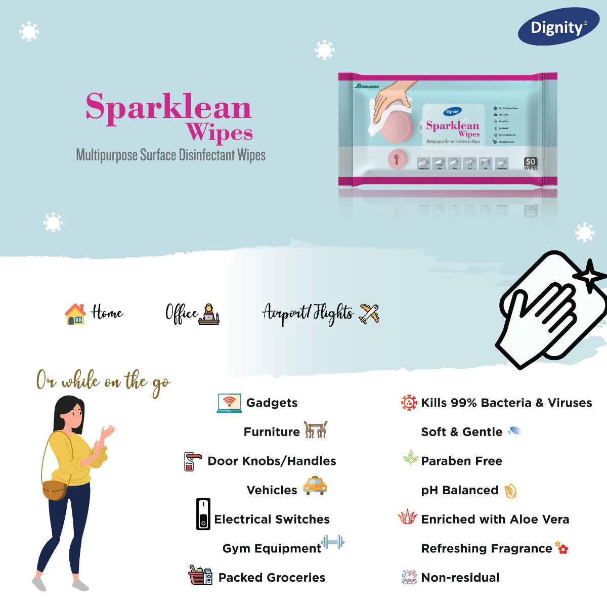 Dignity Sparklean Multipurpose Surface Cleansing Wipes (50 Wipes/Pack)
