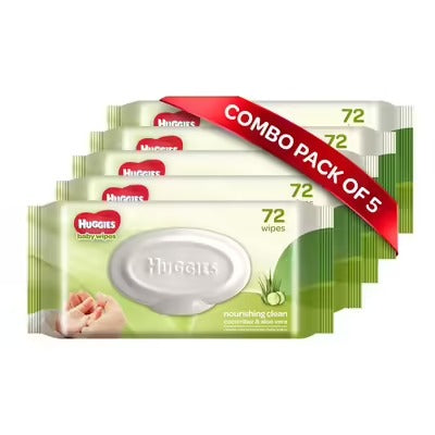 Huggies Baby Wipes - Cucumber & Aloe, Pack of 5 (360 Wipes)