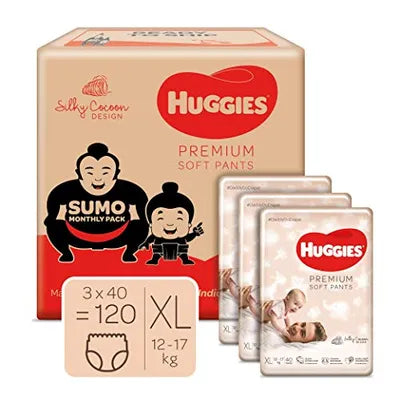 Huggies Premium Pants, Sumo Monthly Box Pack, Extra Large (XL) Size Diaper Pants, 120 Counts