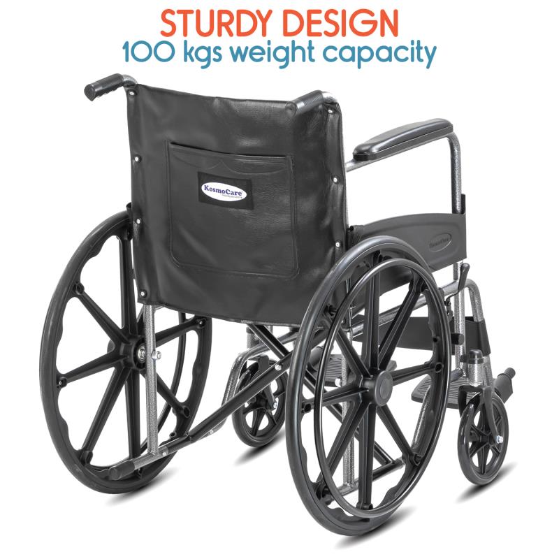 KosmoCare Dura Rexine Mag Wheel Regular Foldable Wheelchair with Safety Belt