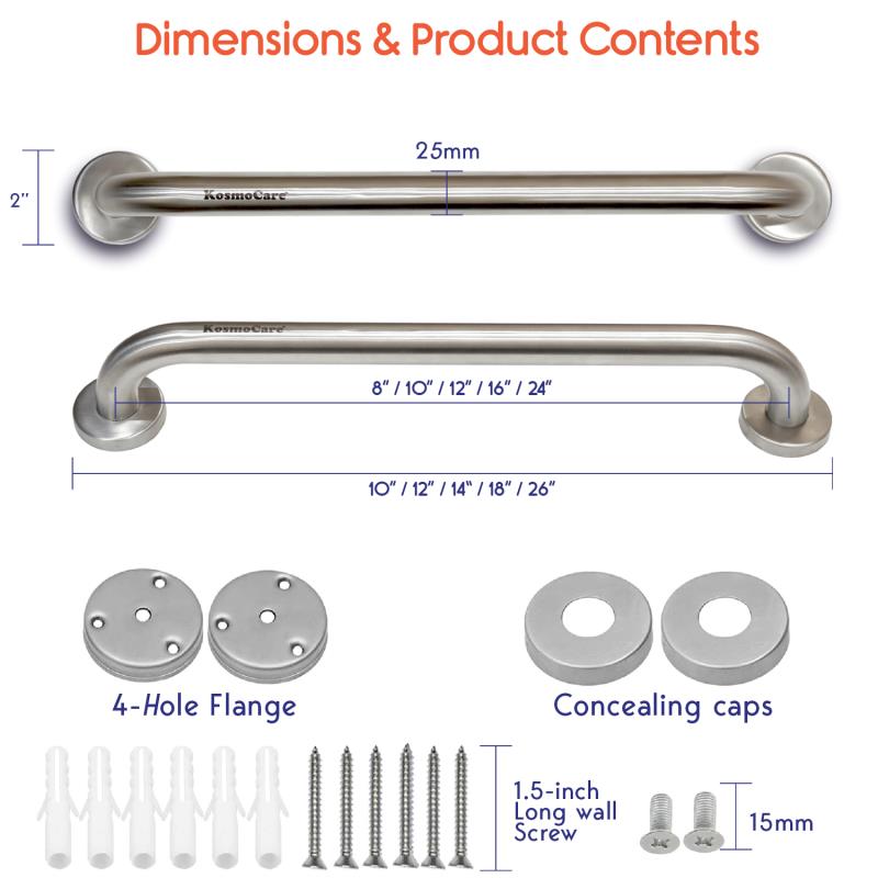 KosmoCare 304 Grade Stainless Steel Toilet Grab Bar, 25 mm (Stainless Steel Screws included)