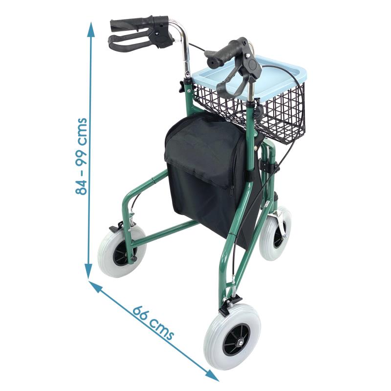 KosmoCare 3 Wheel Rollator Walker with Tray, Basket and Bag - Green (RX405)