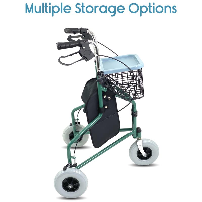 KosmoCare 3 Wheel Rollator Walker with Tray, Basket and Bag - Green (RX405)