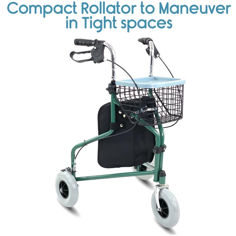 KosmoCare 3 Wheel Rollator Walker with Tray, Basket and Bag - Green (RX405)