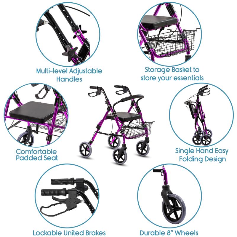 Kosmocare Folding Rollator Walker with seat-Purple (RX406)