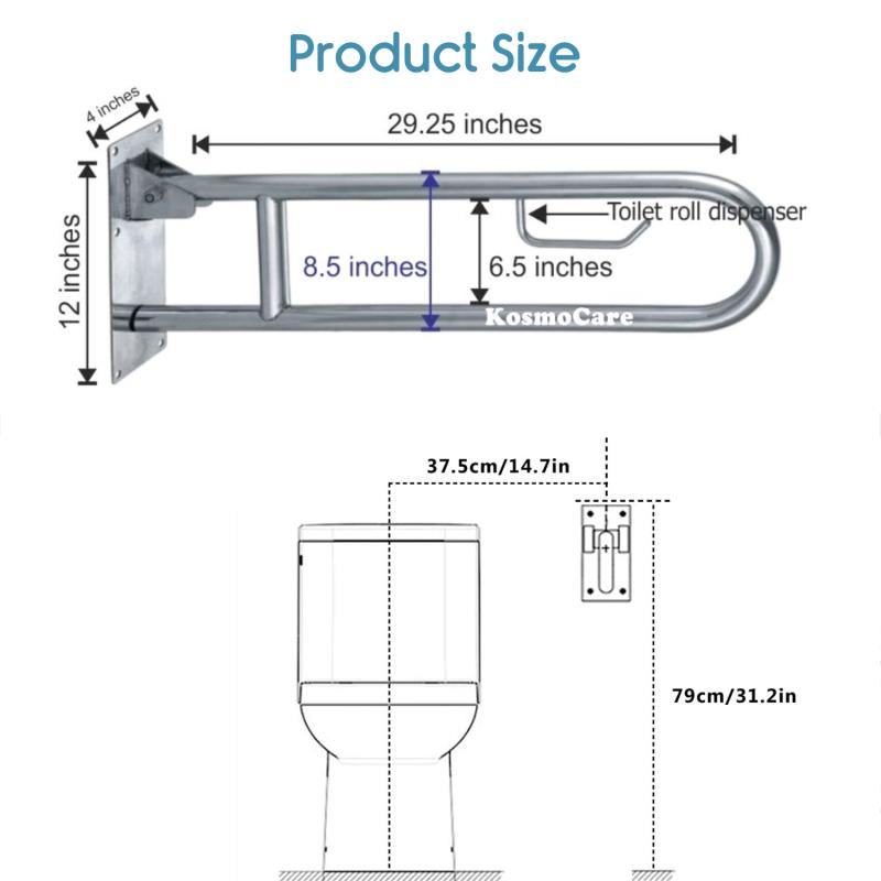 KosmoCare Heavy Duty SS304 Stainless Steel 25 mm Swing-up Toilet Grab Bar