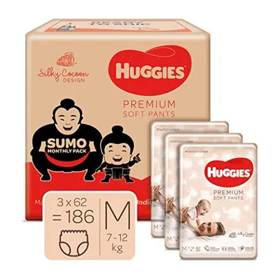 Huggies Premium Soft Pants, Sumo Monthly Box Pack Diapers, Medium Size, 186 Count